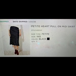 Loft satin black w/ white hearts, Midi Skirt, Size Petite xxs